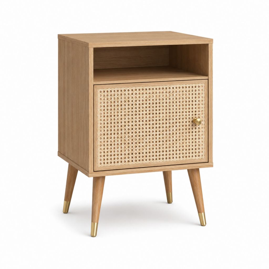 Table de chevet avec rangement chêne et rotin naturel 40 x 35 x 60 cm