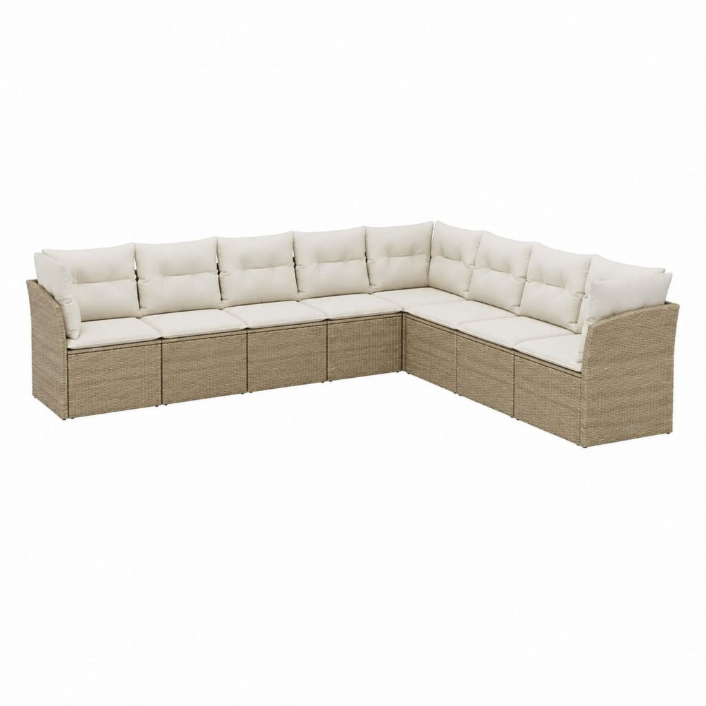 Canapé de jardin d'angle modulable 8 places beige en résine tressée PE avec coussins 280 x 210 x 70 cm