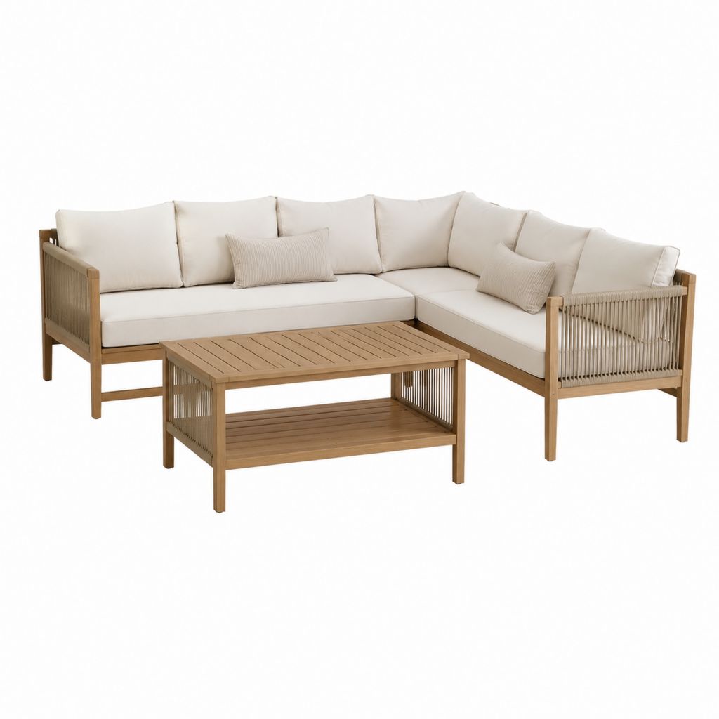 Salon de jardin d'angle 5 places avec table basse beige en bois massif d'acacia 250 x 190 cm