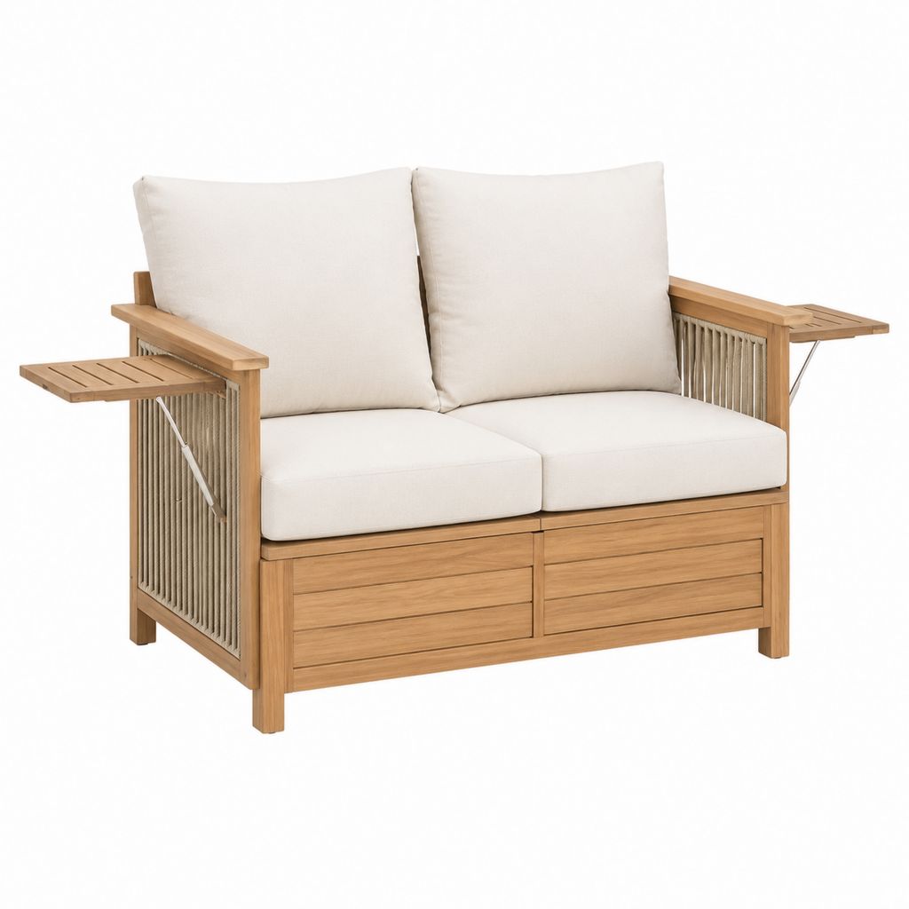 Canapé de jardin 2 places beige en acacia massif rectangulaire 150 x 75 x 78 cm