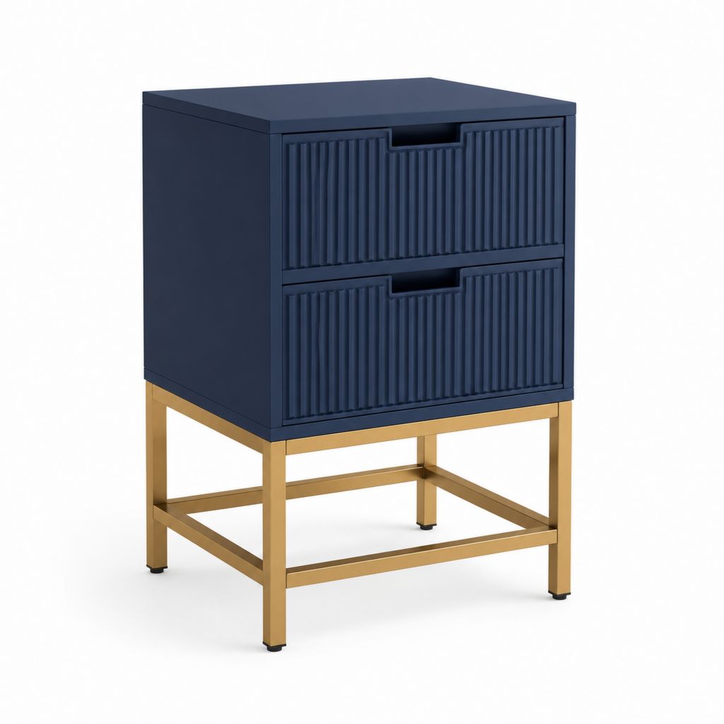 Table de chevet rectangulaire à 2 tiroirs bleu marine en panneaux MDF et acier 45 x 40 x 60 cm