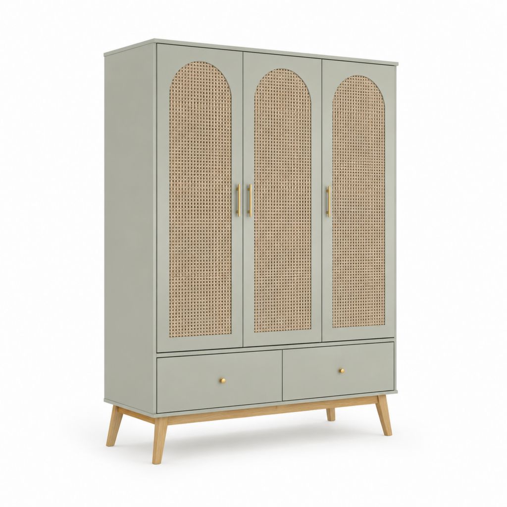 Armoire de chambre 3 portes 2 tiroirs vert sauge et rotin naturel 120 x 50 x 190 cm