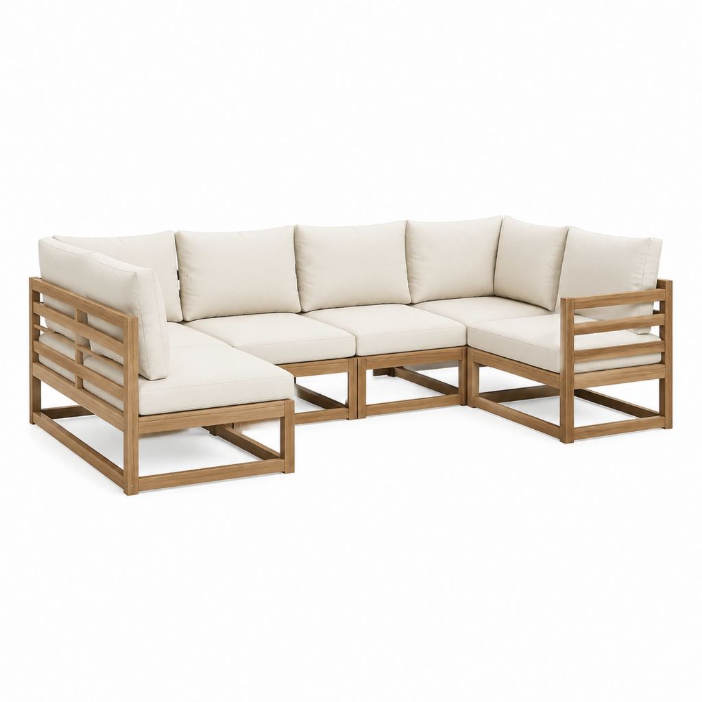 Salon de jardin d'angle 5 places en bois d'acacia massif naturel avec coussins beige 280 x 215 x 68 cm