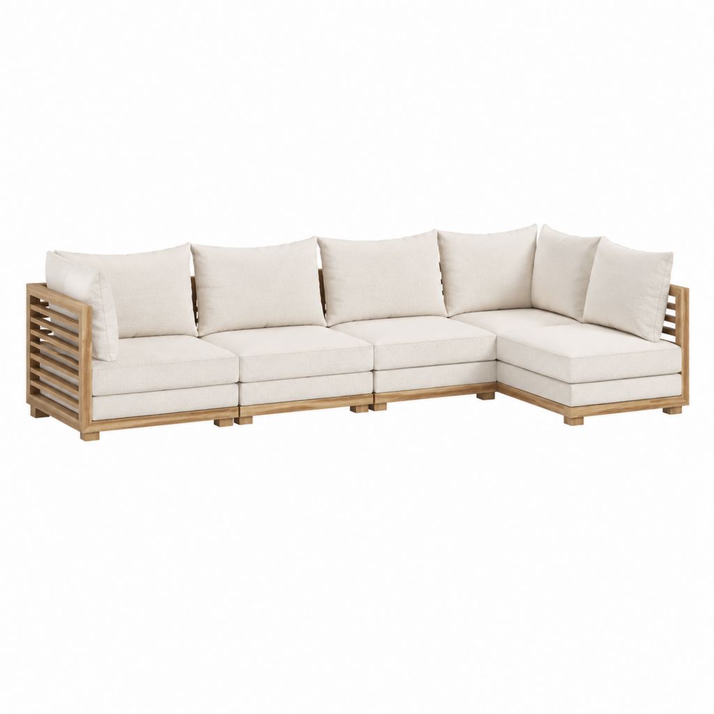 Canapé de jardin d'angle 4 places beige en acacia massif avec coussins 270 x 190 x 78 cm