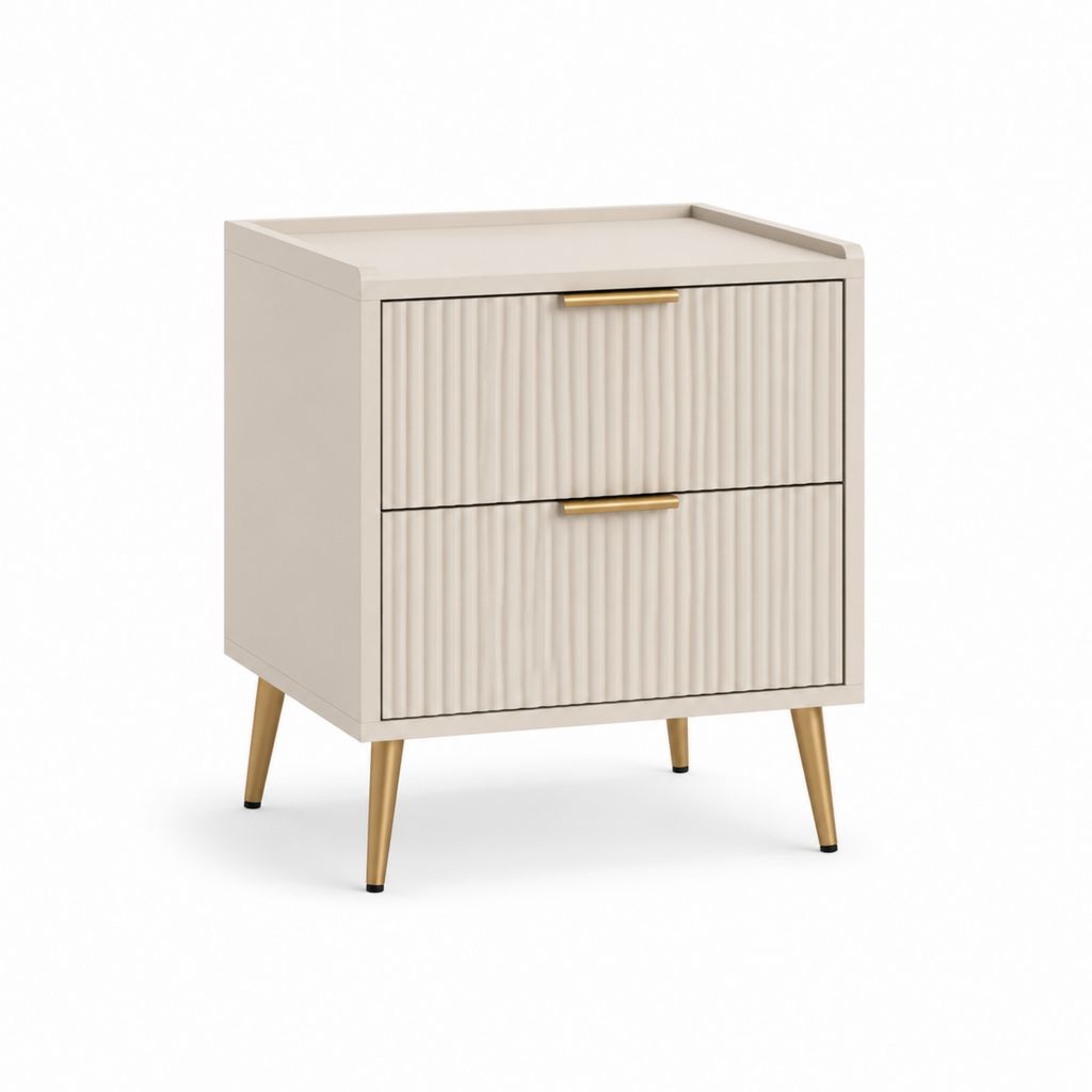 Table de chevet 2 tiroirs beige en MDF rainuré avec pieds en acier doré 50 x 40 x 60 cm