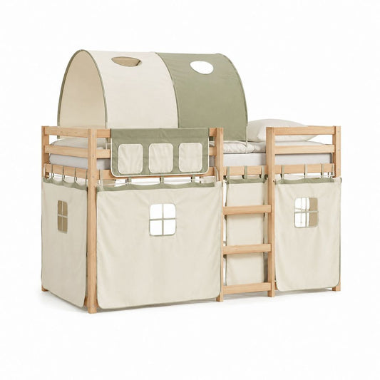 Lit superposé enfant surélevé 90 x 200 cm en pin massif naturel avec tente en coton beige et vert