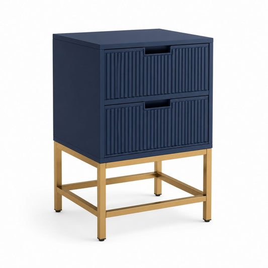 Table de chevet rectangulaire à 2 tiroirs bleu marine en panneaux MDF et acier 45 x 40 x 60 cm