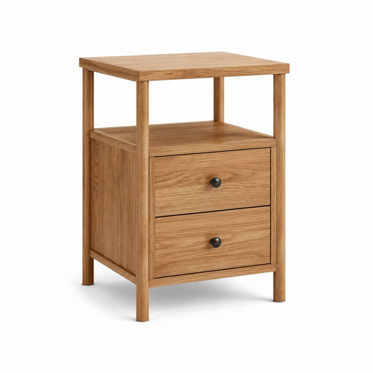 Table de chevet rectangulaire en chêne naturel avec 2 tiroirs et niche 45 x 40 x 65 cm