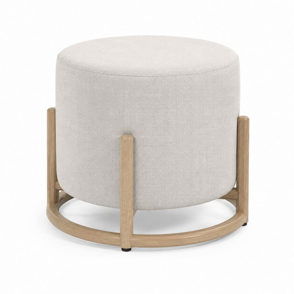 Repose-pieds rond beige en polyester et bois d'hévéa massif Ø 50 x H 45 cm