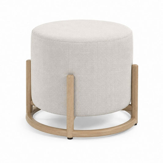 Repose-pieds rond beige en polyester et bois d'hévéa massif Ø 50 x H 45 cm
