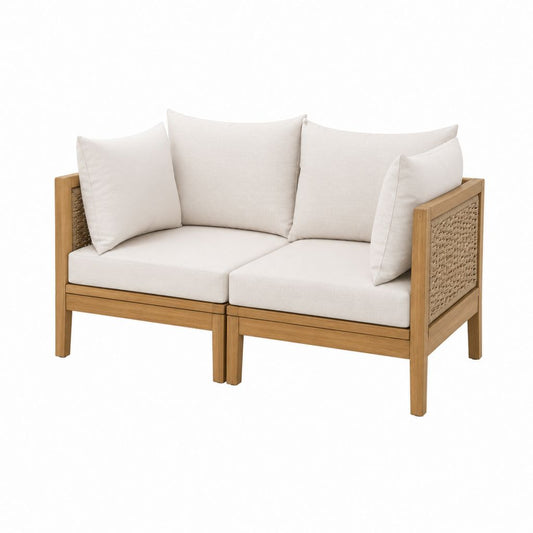 Canapé de jardin 2 places en bois massif d'acacia beige avec cordage tressé rectangulaire 150 x 78 x 78 cm
