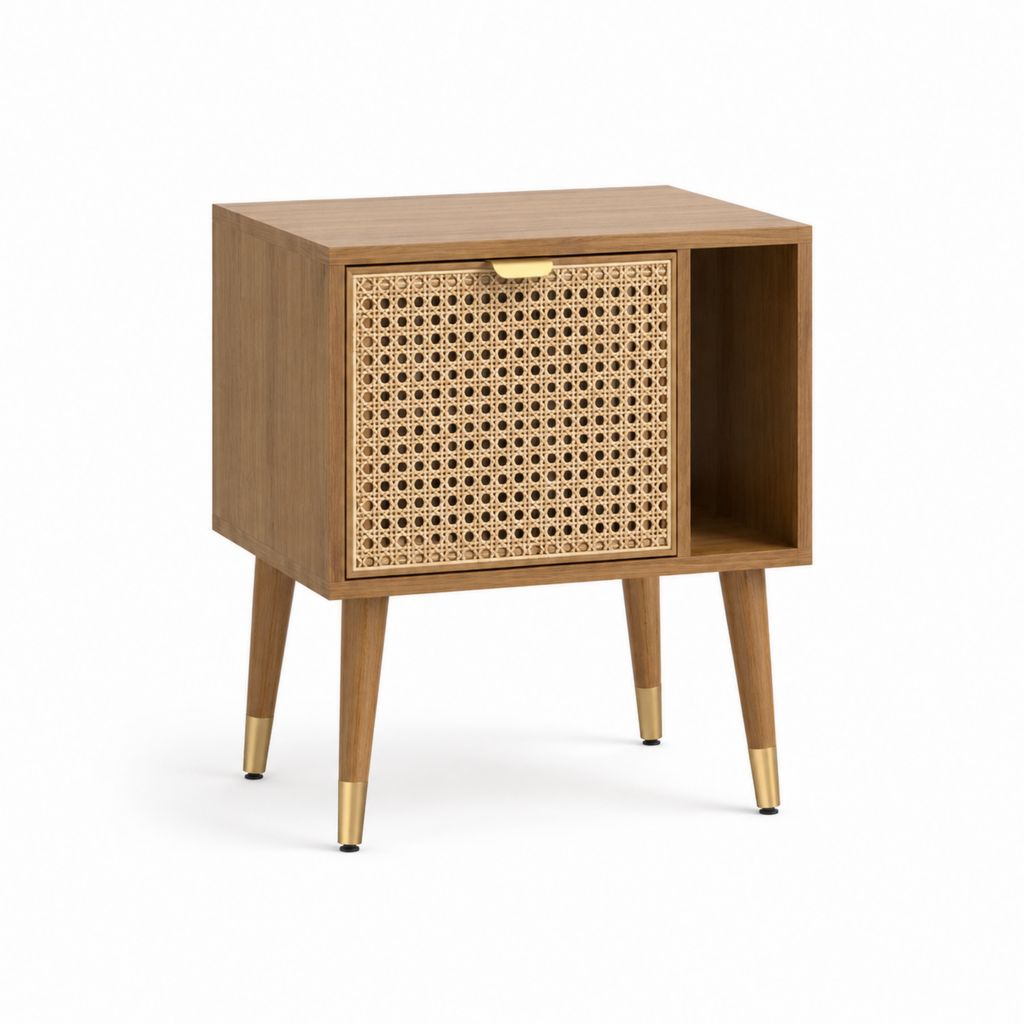 Table de chevet marron en MDF plaqué noyer avec porte en rotin 50 x 40 x 60 cm