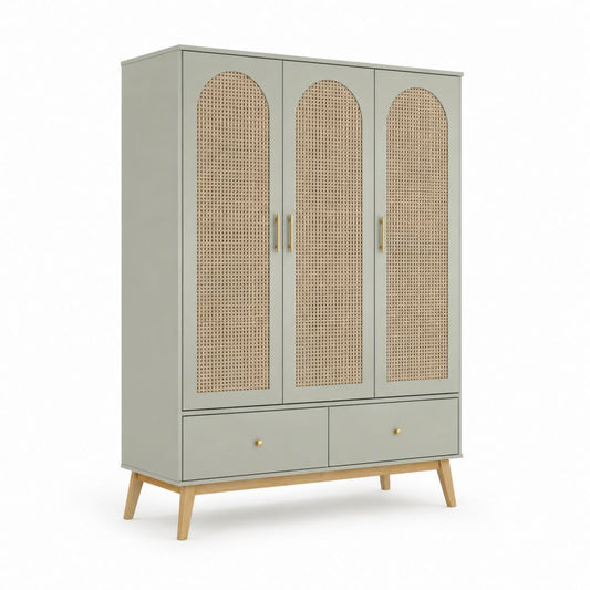 Armoire de chambre 3 portes 2 tiroirs vert sauge et rotin naturel 120 x 50 x 190 cm