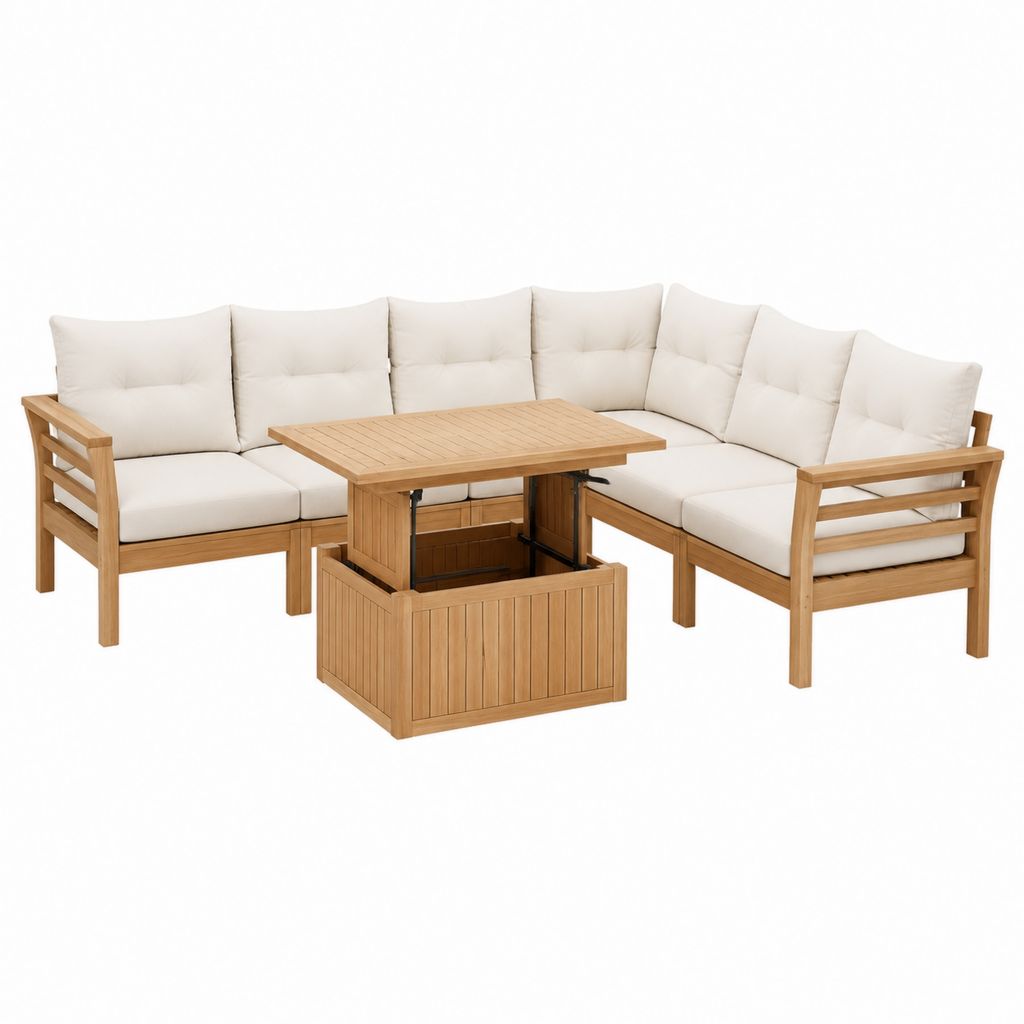 Salon de jardin d'angle 5 places en bois d'acacia naturel avec coussins écru et table relevable 235 x 235 x 80 cm