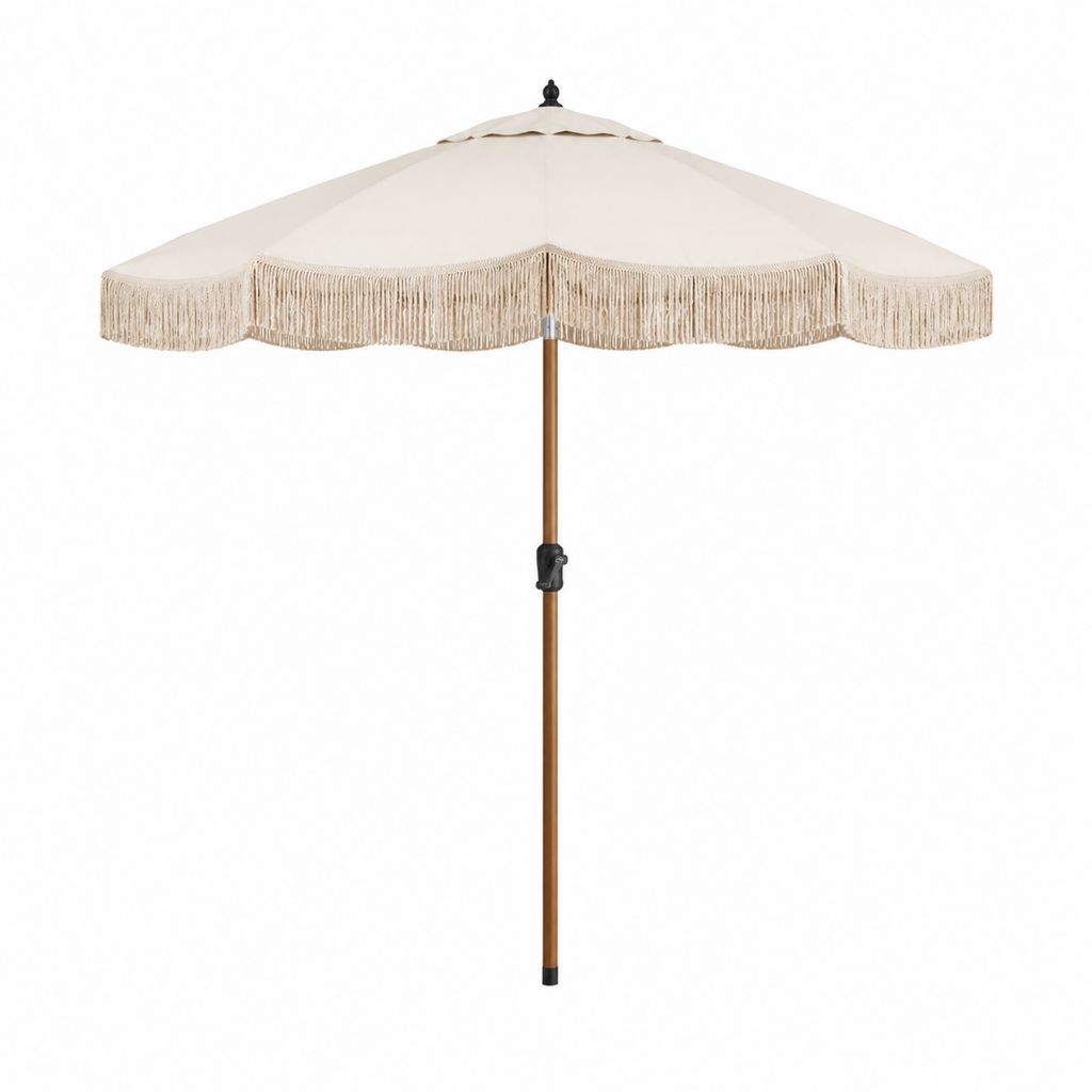 Parasol de jardin rond beige en polyester avec franges et mât effet bois Ø 270 cm hauteur 250 cm