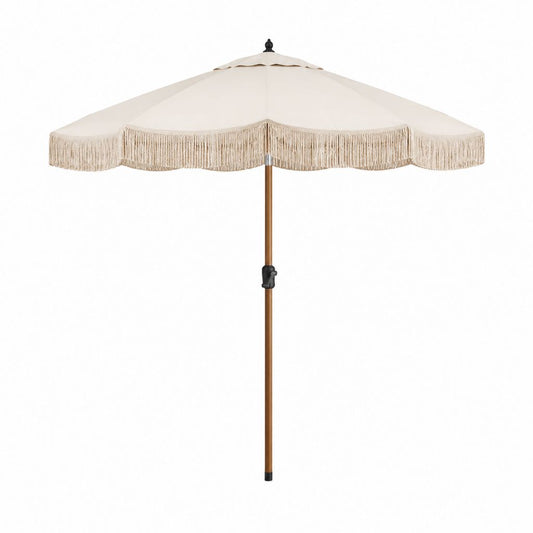 Parasol de jardin rond beige en polyester avec franges et mât effet bois Ø 270 cm hauteur 250 cm