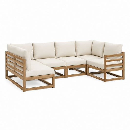 Salon de jardin d'angle 5 places en bois d'acacia massif naturel avec coussins beige 280 x 215 x 68 cm