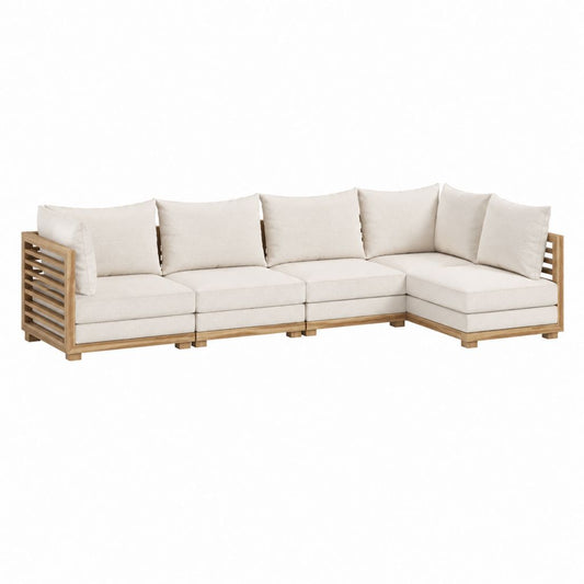 Canapé de jardin d'angle 4 places beige en acacia massif avec coussins 270 x 190 x 78 cm