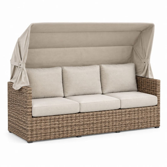 Canapé de jardin 3 places avec toit beige en résine tressée PE 205 x 90 x 170 cm