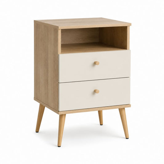 Table de chevet 2 tiroirs beige et chêne en panneaux de particules 50 x 40 x 65 cm