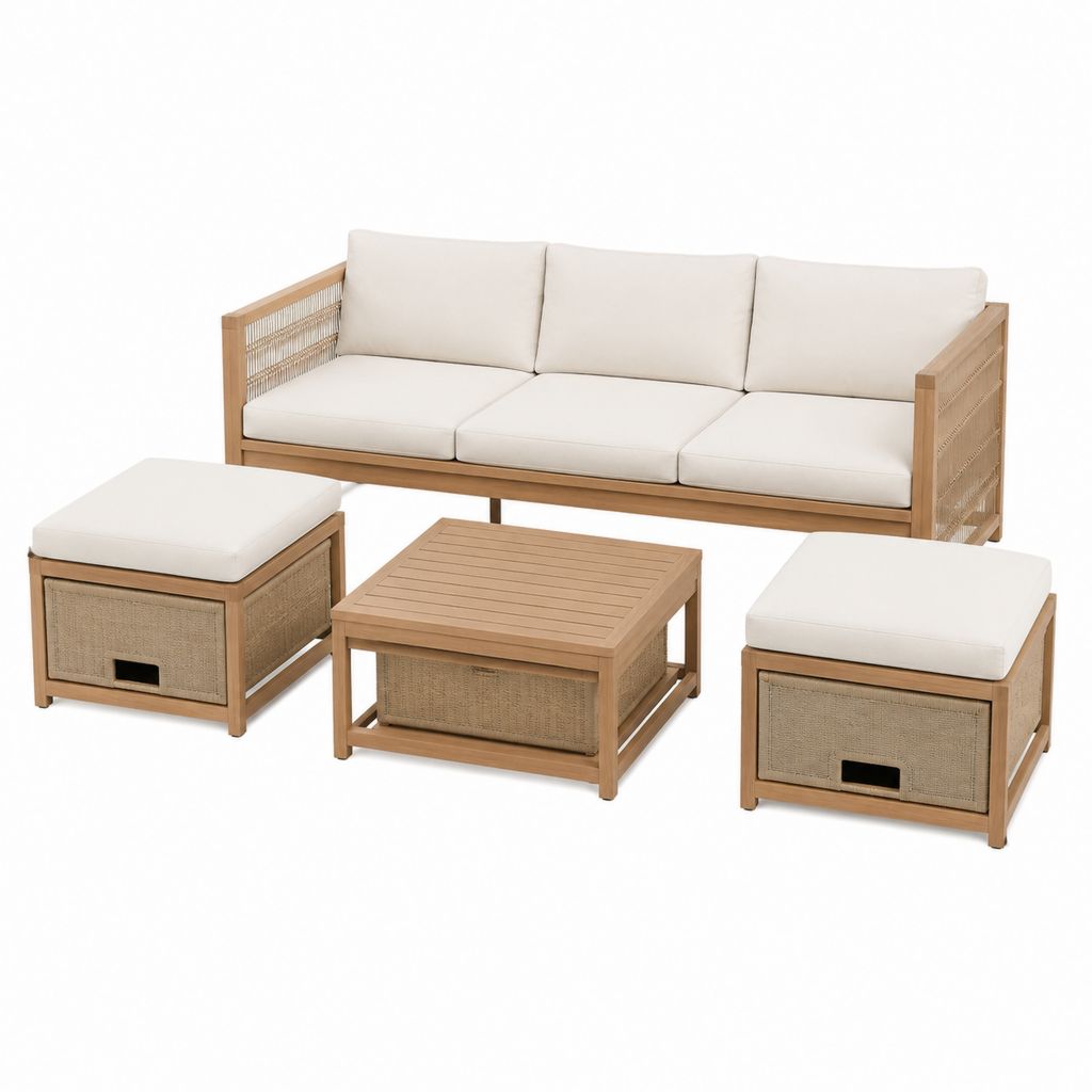 Salon de jardin 4 pièces en acacia naturel avec canapé 3 places coussins écrus table basse et 2 poufs coffre