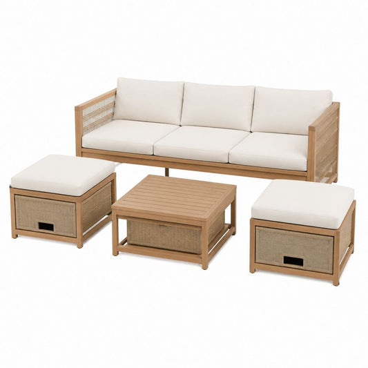 Salon de jardin 4 pièces en acacia naturel avec canapé 3 places coussins écrus table basse et 2 poufs coffre