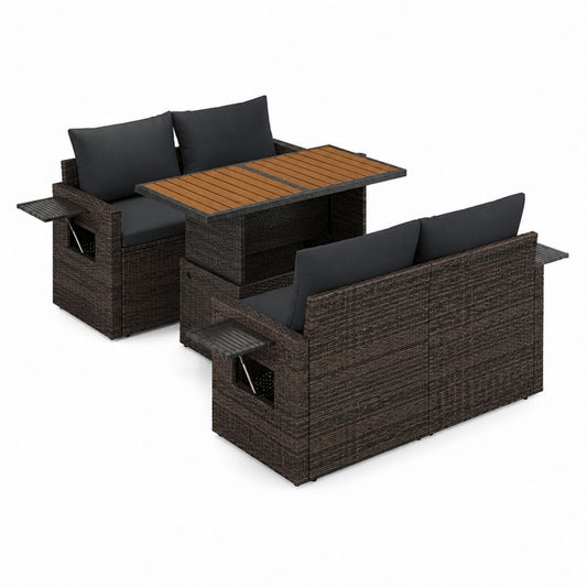 Salon de jardin 4 places brun et anthracite en résine tressée PE avec table rectangulaire 120 x 60 x 65 cm et 2 canapés 124 x 75 x 65 cm