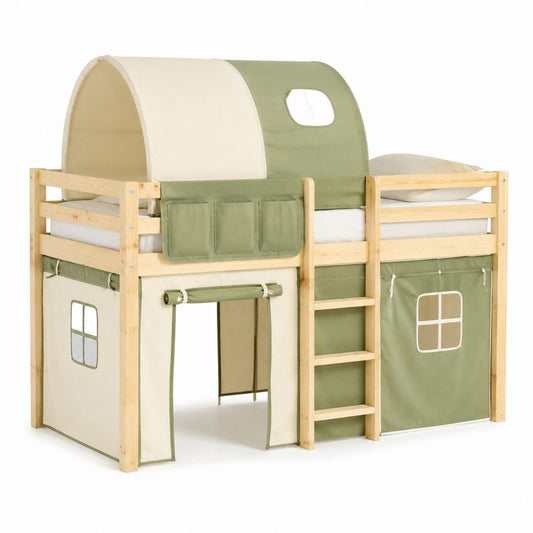 Lit mezzanine enfant 90 x 200 cm en pin massif naturel avec tente vert sauge et écru