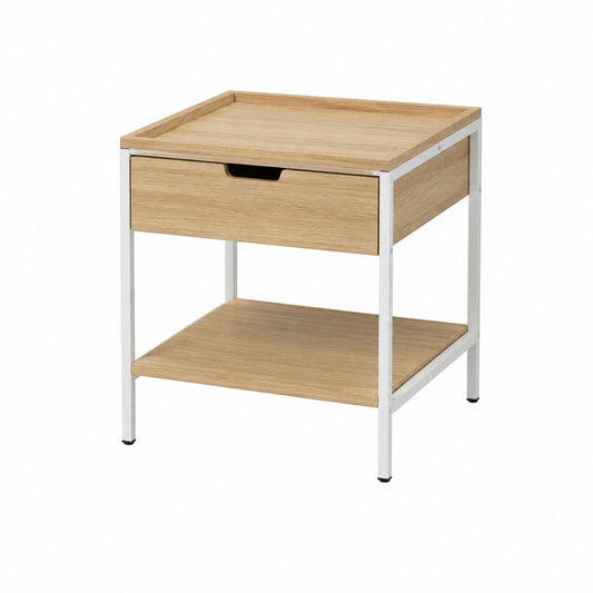 Table de chevet à 1 tiroir chêne clair acier blanc rectangulaire 45 x 35 x 60 cm