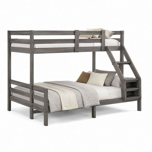 Lit superposé 90 x 190 et 140 x 190 cm gris en pin massif avec échelle et rangements