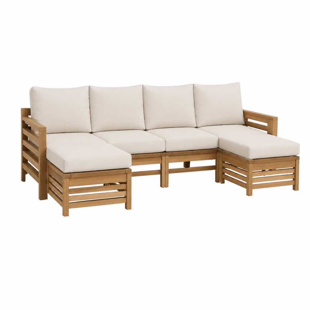 Canapé de jardin d'angle 4 places en acacia massif beige avec coussins 240 x 180 x 70 cm