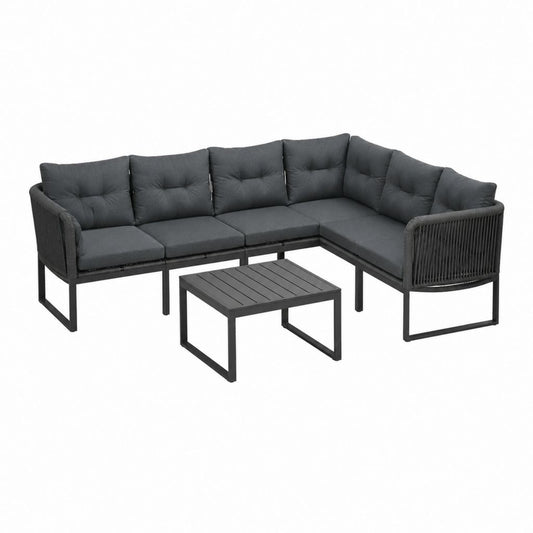 Salon de jardin d'angle 5 places noir en acier thermolaqué et corde PE avec table basse 240 x 180 x 80 cm