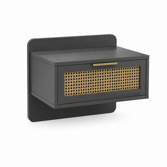 Table de chevet murale noire en MDF avec façade en rotin 50 x 35 x 30 cm